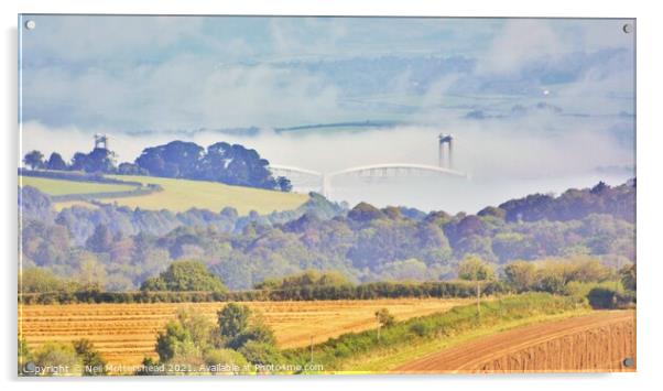 Misty Tamar Bridges. Acrylic by Neil Mottershead