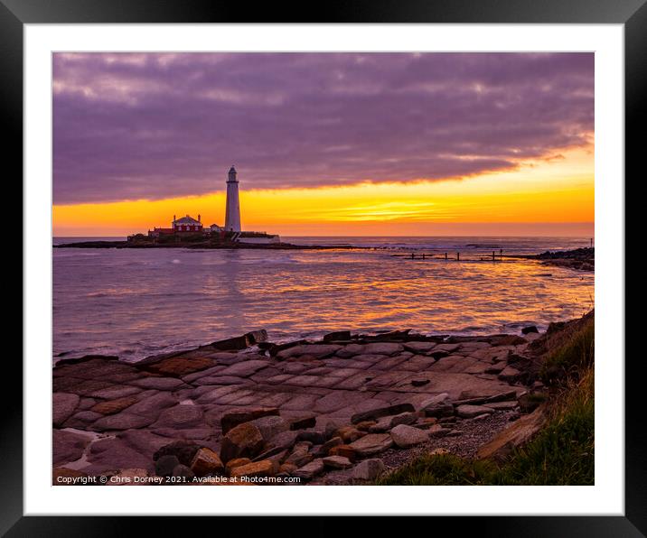 Sunrise at St. Marys Lighthouse in Northumberland, UK Framed Mounted Print by Chris Dorney