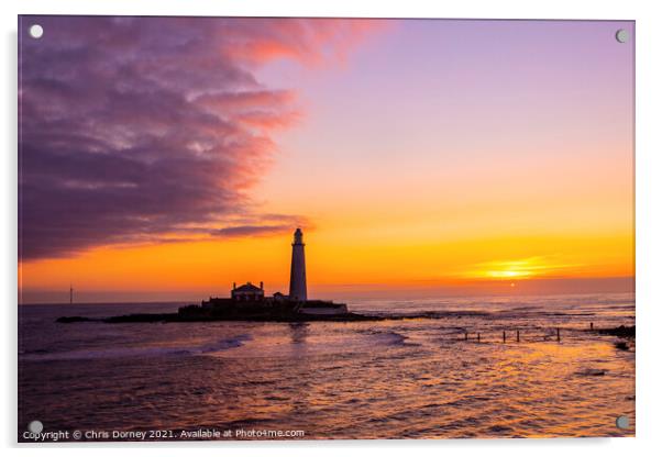 Sunrise at St. Marys Lighthouse in Northumberland, UK Acrylic by Chris Dorney
