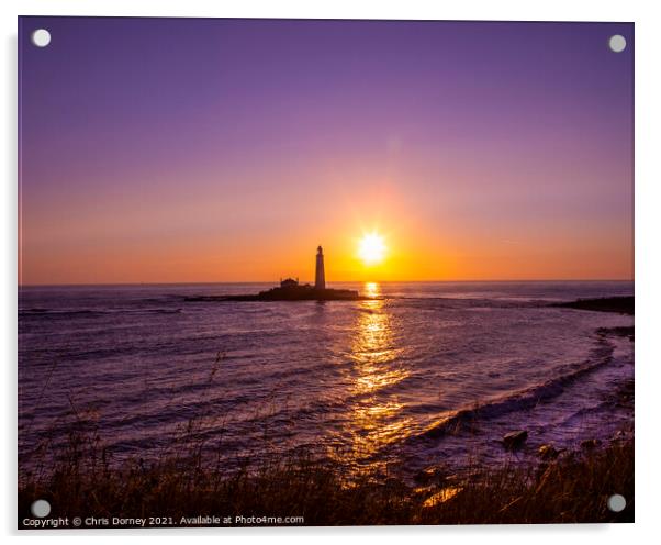 Sunrise at St. Marys Lighthouse in Northumberland, UK Acrylic by Chris Dorney