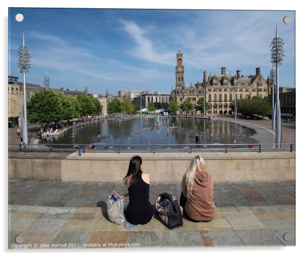 Bradford Mirror Pool and Town Hall Acrylic by Giles Rocholl