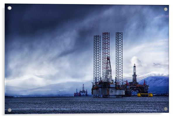 Oil rigs sheltering from a late winter storm, Cromarty Firth Acrylic by Jacqi Elmslie