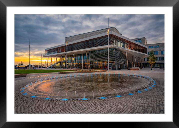 Helsingborg SeaU Conference Center and Hotel with Fountain Framed Mounted Print by Antony McAulay