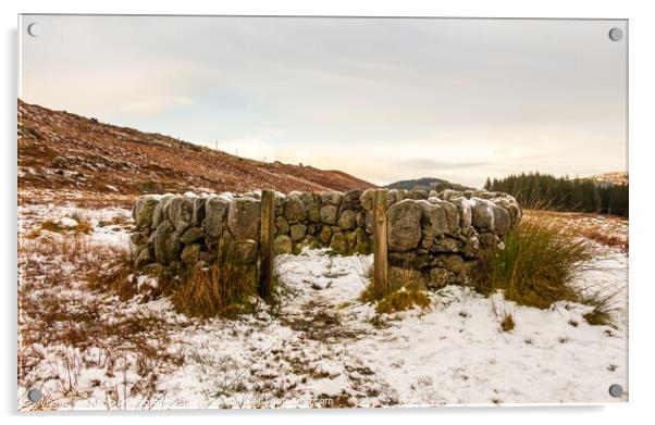 An old snow covered scottish drystone dyke sheep fold in winter, Scotland Acrylic by SnapT Photography