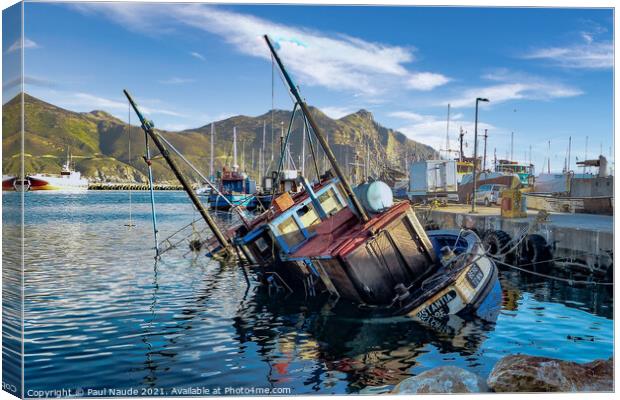 Trawler tilt Hout Bay harbour Cape Town  Canvas Print by Paul Naude