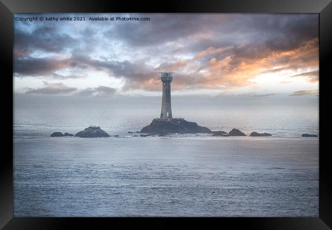 Longships Lighthouse sunset Framed Print by kathy white