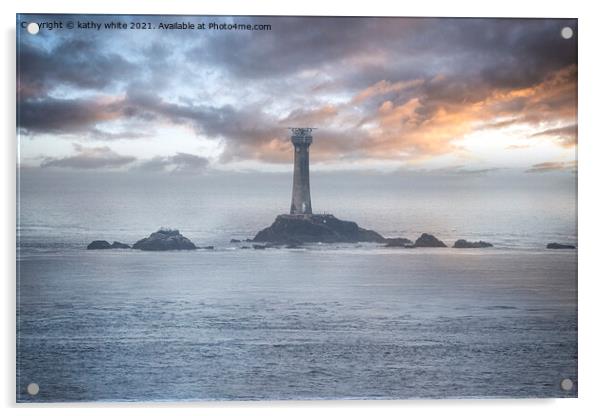 Longships Lighthouse sunset Acrylic by kathy white