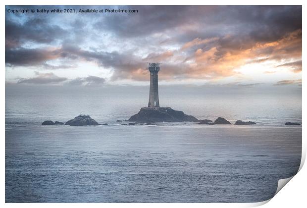 Longships Lighthouse sunset Print by kathy white