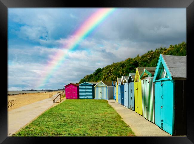 Beach huts and rainbow at Holland-on-Sea Framed Print by Paula Tracy
