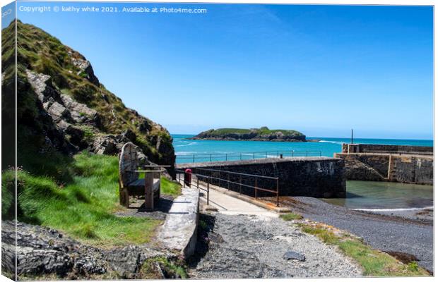 Mullion Cove, Cornwall,seat with a view Canvas Print by kathy white