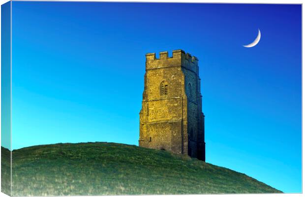 Crescent Moon Glastonbury Tor Canvas Print by Alison Chambers
