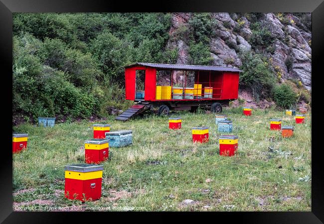 A beautiful shot of red and yellow hive boxes in a mountain Framed Print by Frank Bach
