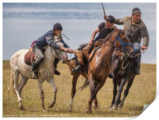 Closeup shot of men riding horses in a field, Son Kul, Kyrgyzsta Print by Frank Bach
