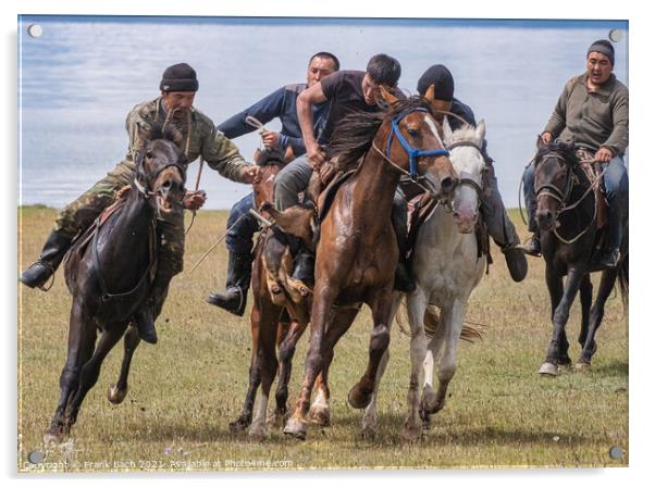 Closeup shot of men riding horses in a field, Son Kul, Kyrgyzsta Acrylic by Frank Bach