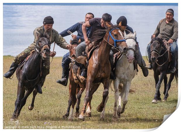 Closeup shot of men riding horses in a field, Son Kul, Kyrgyzsta Print by Frank Bach
