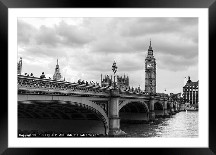 Westminster bridge black and white Framed Mounted Print by Chris Day