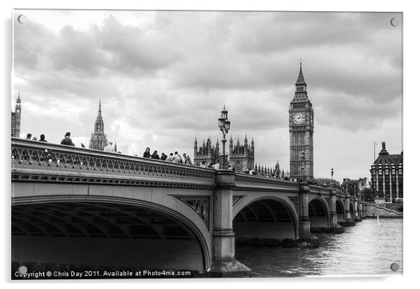 Westminster bridge black and white Acrylic by Chris Day