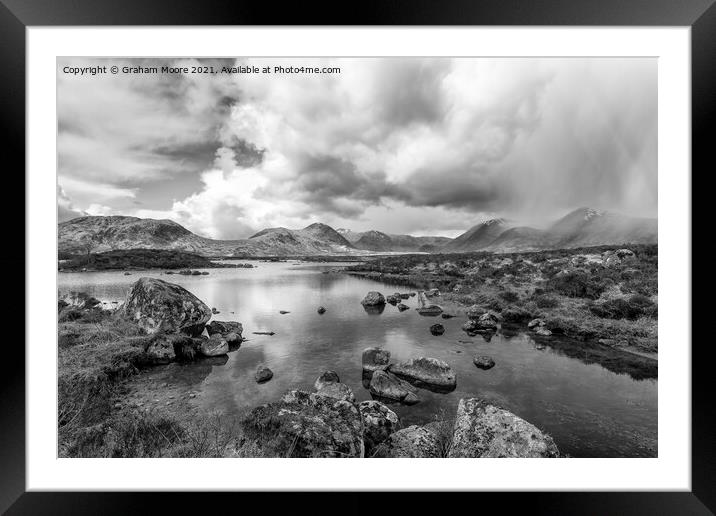 Lochan na h Achlaise monochrome Framed Mounted Print by Graham Moore
