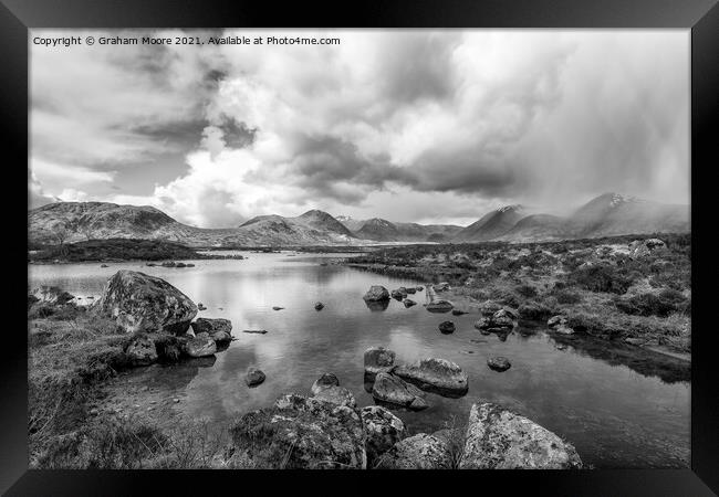 Lochan na h Achlaise monochrome Framed Print by Graham Moore