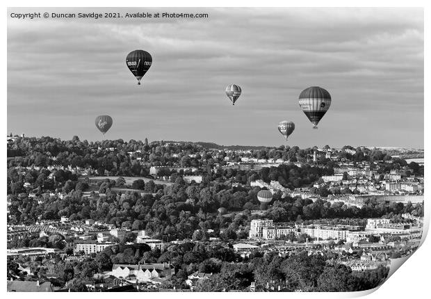 City of Bath and it's hot air balloons black and white Print by Duncan Savidge