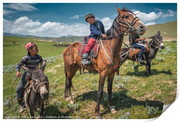 Closeup shot of children on horses and donkeys in Kyrgyzstan Print by Frank Bach