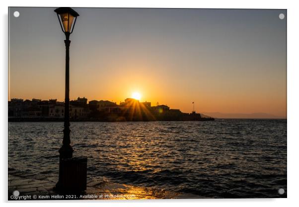 Sun setting over the Venetian Harbour, Chania Acrylic by Kevin Hellon