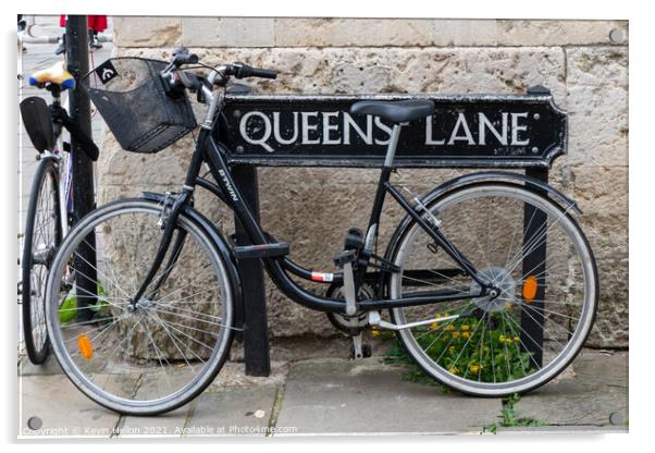 Bicycle locked to the street sign for Queen's Lane, Oxford, Acrylic by Kevin Hellon