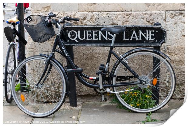 Bicycle locked to the street sign for Queen's Lane, Oxford, Print by Kevin Hellon