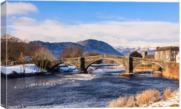 Llanrwst Bridge and Conwy River in Winter Canvas Print by Pearl Bucknall
