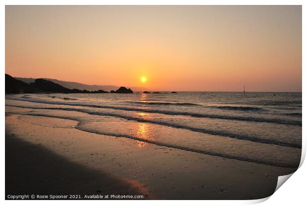Sunrise on Looe Beach at Low tide Print by Rosie Spooner