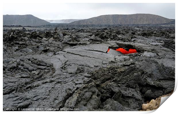 Glimpses of lava in a black lava field in Iceland Print by Lensw0rld 