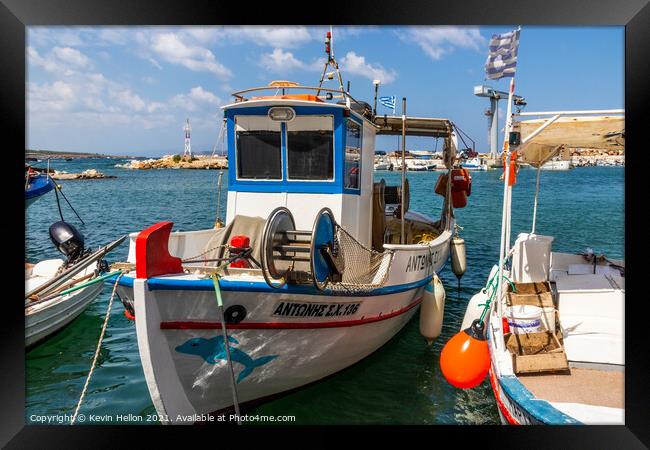 Greek fishing boat in harbour, Framed Print by Kevin Hellon
