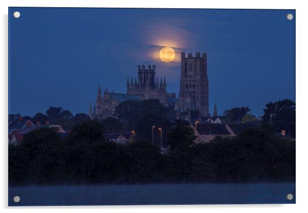 Harvest Moon setting over Ely Cathedral, 21st September 2021 Acrylic by Andrew Sharpe