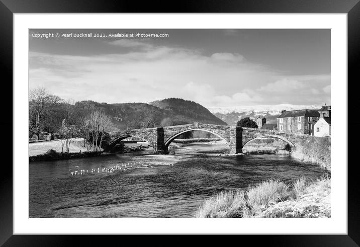 Llanrwst Bridge and Conwy River in Black and White Framed Mounted Print by Pearl Bucknall