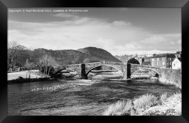 Llanrwst Bridge and Conwy River in Black and White Framed Print by Pearl Bucknall