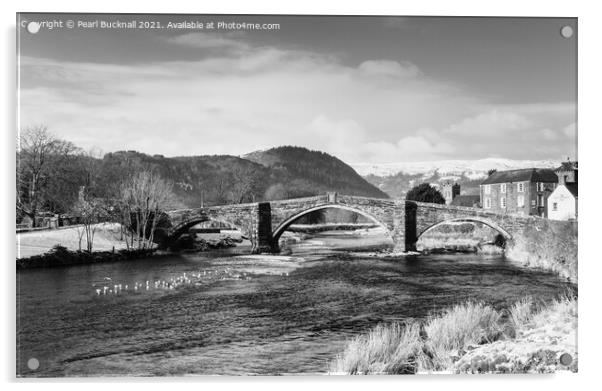 Llanrwst Bridge and Conwy River in Black and White Acrylic by Pearl Bucknall