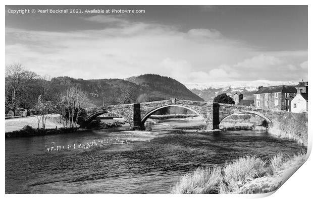 Llanrwst Bridge and Conwy River in Black and White Print by Pearl Bucknall