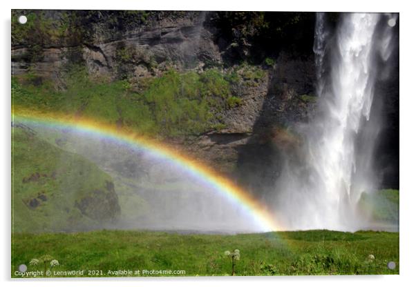 Rainbow in front of Seljalandsfoss waterfall in Iceland Acrylic by Lensw0rld 