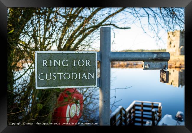 Ring for the custodian sign at Threave Castle ferry crossing on the River Dee Framed Print by SnapT Photography