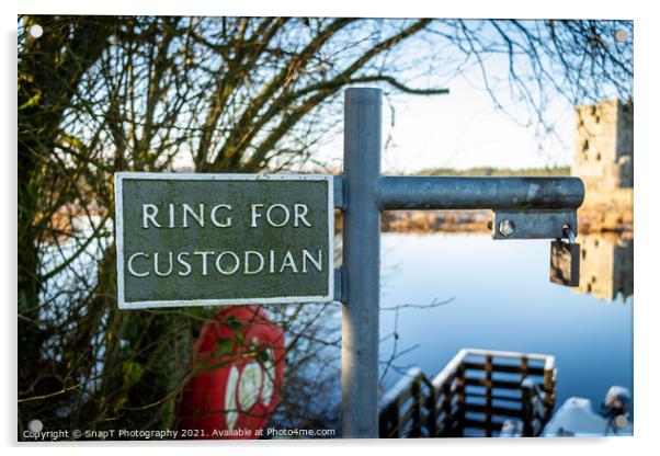 Ring for the custodian sign at Threave Castle ferry crossing on the River Dee Acrylic by SnapT Photography