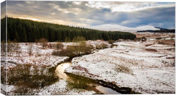Sunset over a snow covered Big Water of Fleet valley at the railway viaduct Canvas Print by SnapT Photography