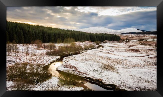 Sunset over a snow covered Big Water of Fleet valley at the railway viaduct Framed Print by SnapT Photography