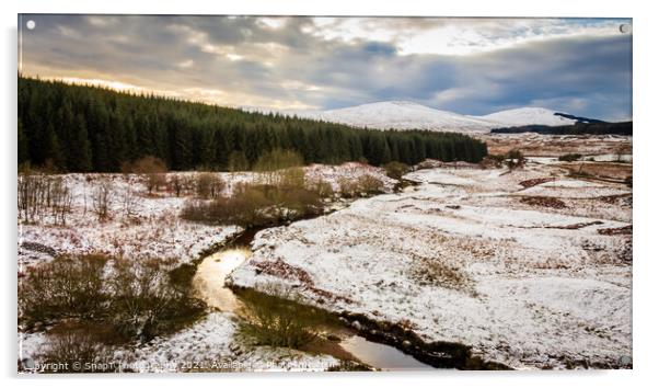 Sunset over a snow covered Big Water of Fleet valley at the railway viaduct Acrylic by SnapT Photography