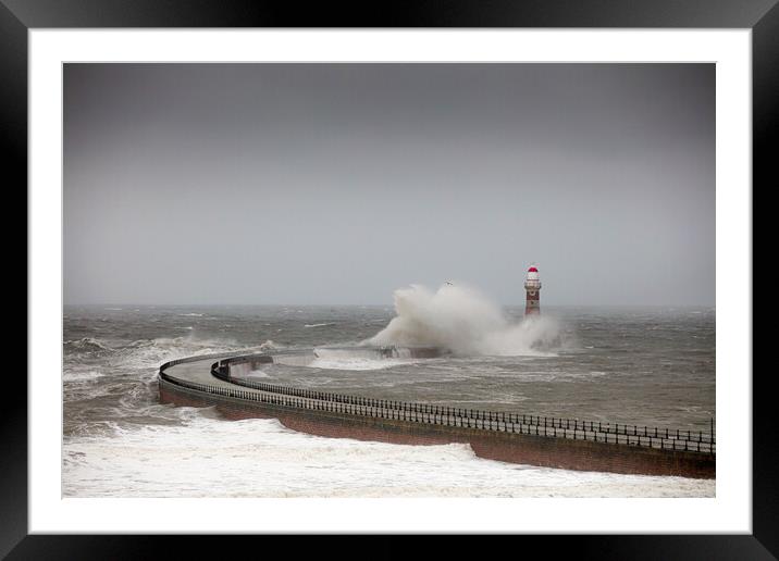 Wind and Rain at Roker Pier Framed Mounted Print by John Hall