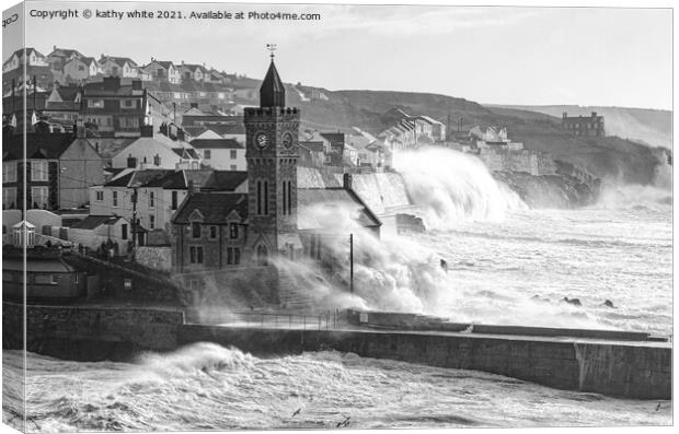 Porthleven storm,black and white Canvas Print by kathy white