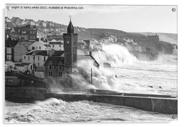 Porthleven storm,black and white Acrylic by kathy white