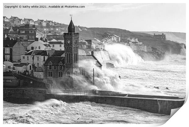 Porthleven storm,black and white Print by kathy white
