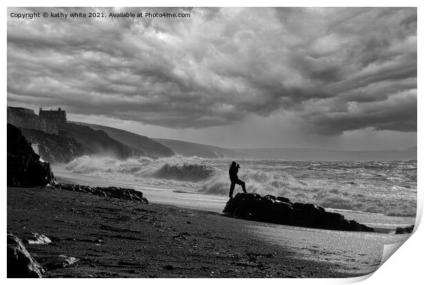 Wave Watcher,storm coming Porthleven cornwall Print by kathy white