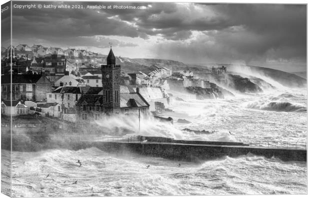 Porthleven Harbour Cornwall,lagre wave ,storm forc Canvas Print by kathy white