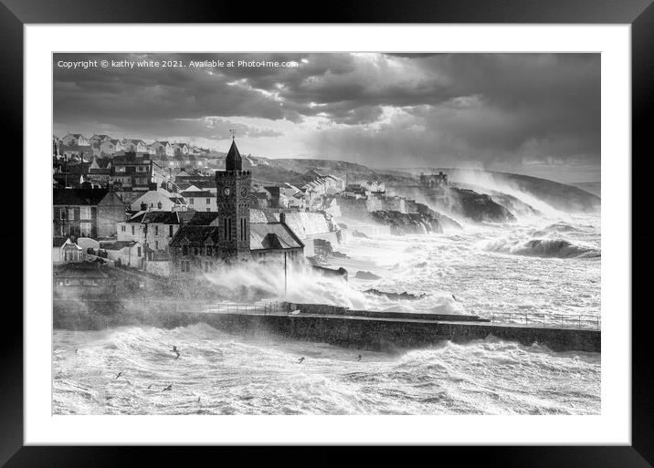 Porthleven Harbour Cornwall,lagre wave ,storm forc Framed Mounted Print by kathy white